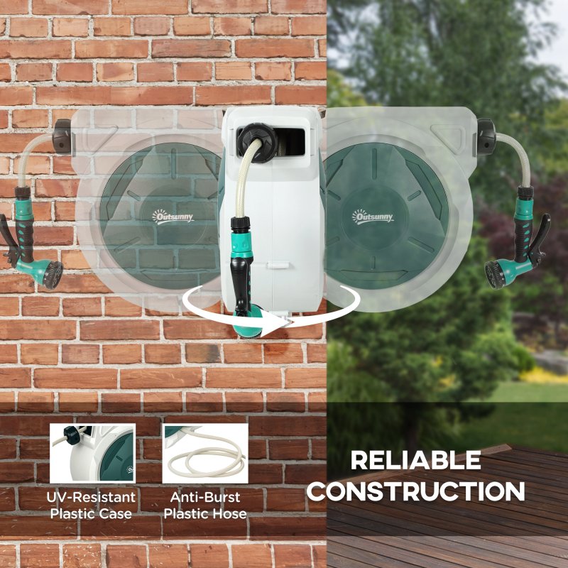 Outsunny Retractable Hose Reel Wall Mounted, 20+2m Garden Hose Pipe Reel with Lock, Auto Rewind, 7 in 1 Spray Nozzle, Includes Wall Fixings, 180?? Swivel, Outdoor Watering, Light Grey
