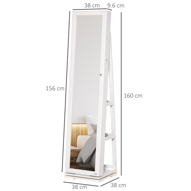 HOMCOM 360° Swivel Jewellery Cabinet with Full Length Mirror, Lockable Jewellery Organiser with Built-in Makeup Mirror and Storage Shelves for Bedroom, White