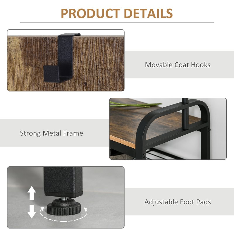 HOMCOM Coat Rack Stand Industrial hallway Shoe Rack Removable Hooks Metal Wood Hangers Storage Cabinet Rustic Brown 72LX34WX185H(cm)