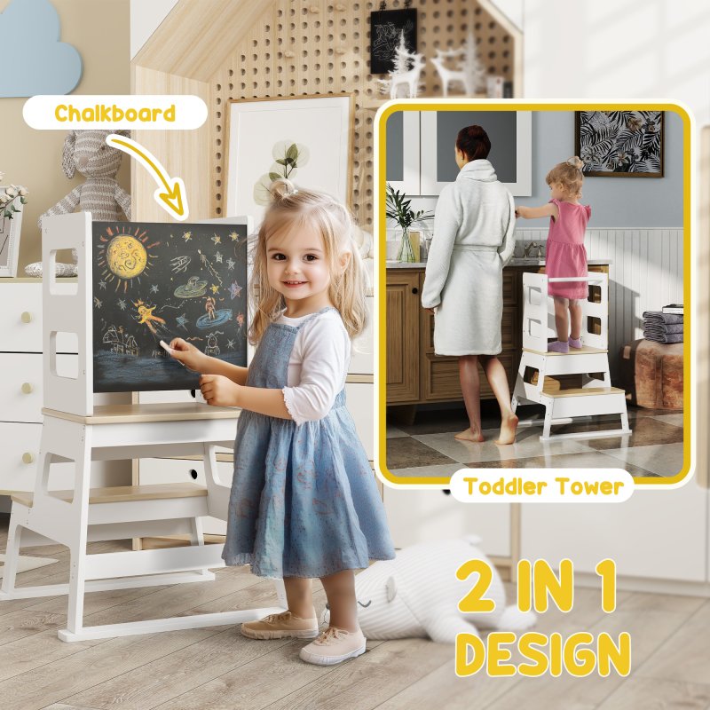 AIYAPLAY Toddler Tower, 2 in 1 Toddler Step Stool with Chalkboard, Safety Rail, Kids Standing Tower for Kitchen, Counter, Bathroom, Sink, White