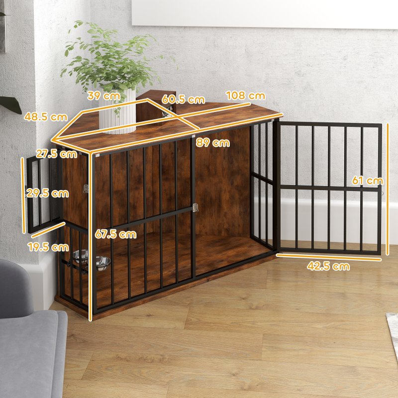 PawHut Corner Dog Crate Furniture, Dog Kennel Side End Table TV Stand with Two Bowls, Feeding Door, for Small, Medium Breeds, Rustic Brown