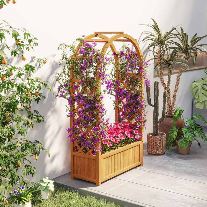 Outsunny Wooden Raised Garden Bed with Arch Trellis, Fabric Liner, Garden Planter Box with Drainage Holes, Trellis Planter for Vine Climbing Plants, Flowers, Herbs, Vegetables, 83 x 36 x 145 cm