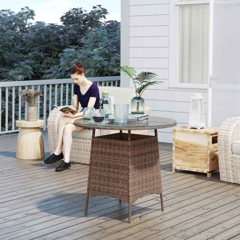Outsunny Wicker Garden Rattan Table, Patio Furniture Outdoor Coffee Table with Umbrella Hole and Tempered Glass Top, Brown