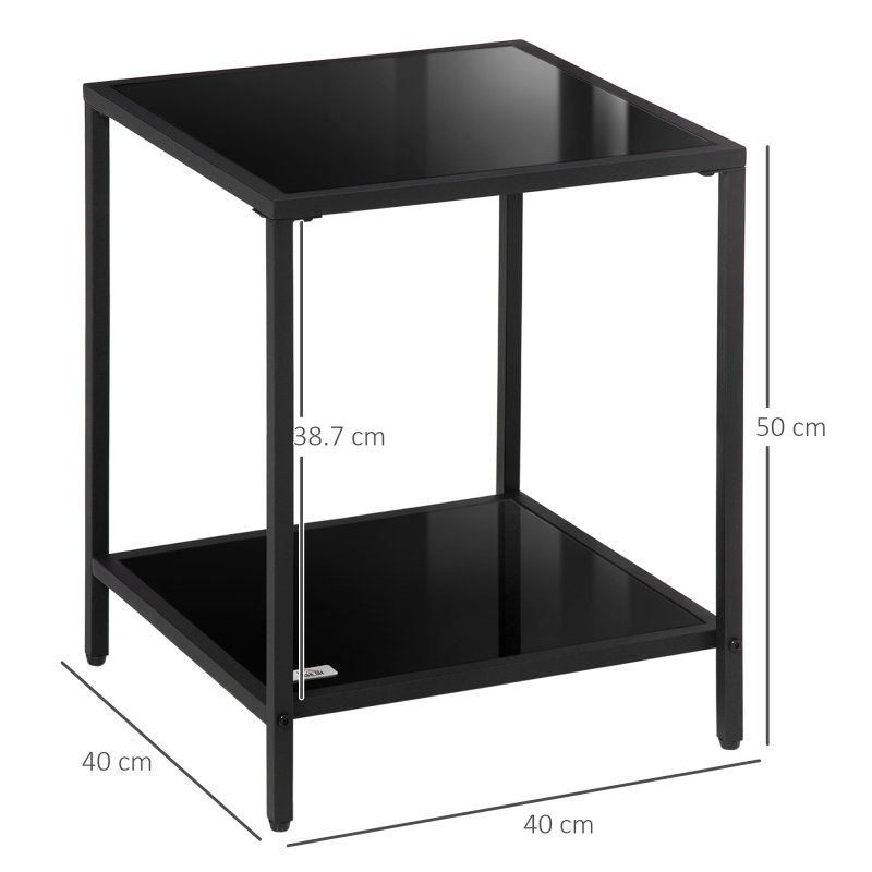 HOMCOM Tempered Glass Side Table with Storage, Modern 2-Tier Bedside Table with Steel Frame, Black