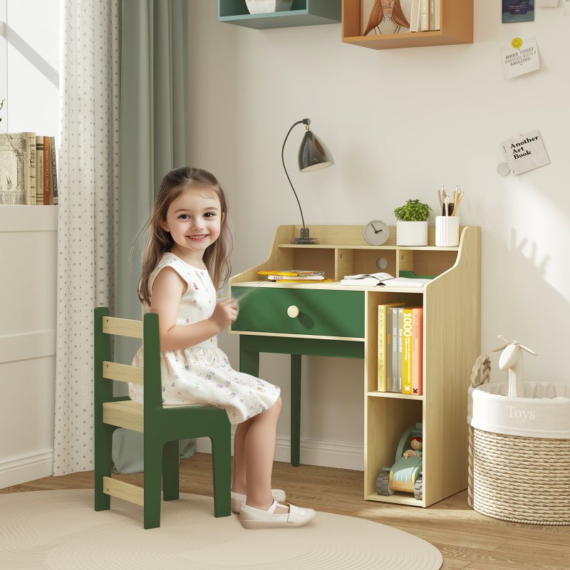 AIYAPLAY Kids Desk and Chair Set, Children Study, Table and Chair Set with Storage Shelves, Drawer, Kids Table and Chair Set for 3-10 Years, Green