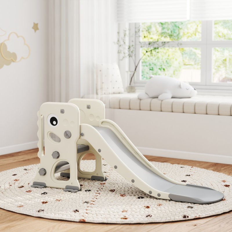 AIYAPLAY 3-in-1 Kids Slide, Foldable Dinosaur Shape Toddler Slide with Climber, Basketball Hoop and Ball, Indoor Playground Equipment for Ages 2-5, Cream White
