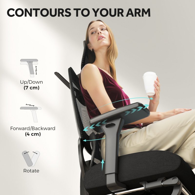 HOMCOM Ergonomic Office Chair, Mesh Desk Chair with 3D Armrests, Rotatable Headrest, Adjustable Lumbar Support, Coat Hanger, Recliner Computer Swivel Chair with Footrest for Home Office, Black