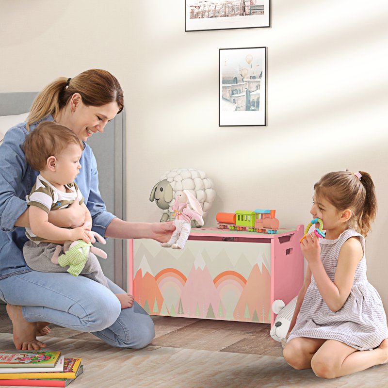 ZONEKIZ Toy Box, Kids Toy Chest with Lid, Safety Hinge, Cute Design - Pink