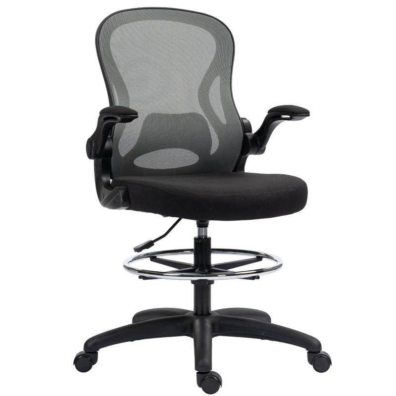 Vinsetto Draughtsman Chair with Flip-up Armrests, Mesh Standing Desk Chair with Lumbar Support and Adjustable Foot Ring for Bar Counter, Dark Grey