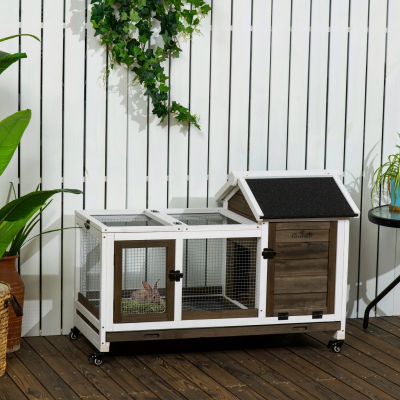 PawHut Wooden Rabbit Hutch with Wheels, Guinea Pig Cage, Small Animal House for Outdoor & Indoor with Slide-out Tray, 108 x 58 x 73.5cm, Brown