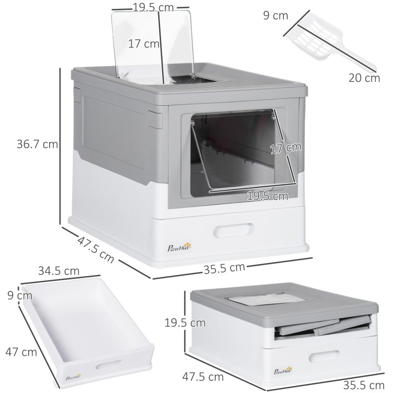 PawHut Cat Litter Tray with Hood Enclosed Cat Litter Box Pet Toilet w/ Lid, Scoop, Front Entry, 47.5 x 35.5 x 36.7cm - Grey