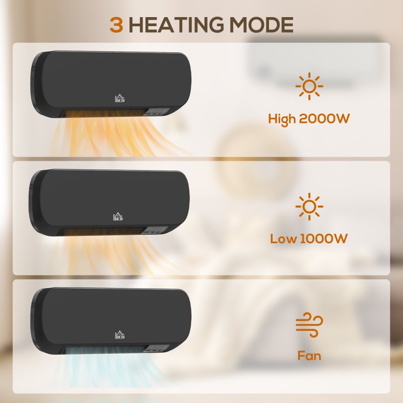 HOMCOM Electric Heater, 2000W Wall Mounted Ceramic Space Heater with Remote Control, 3 Modes, Timer, Overheat Protection for Home, Black