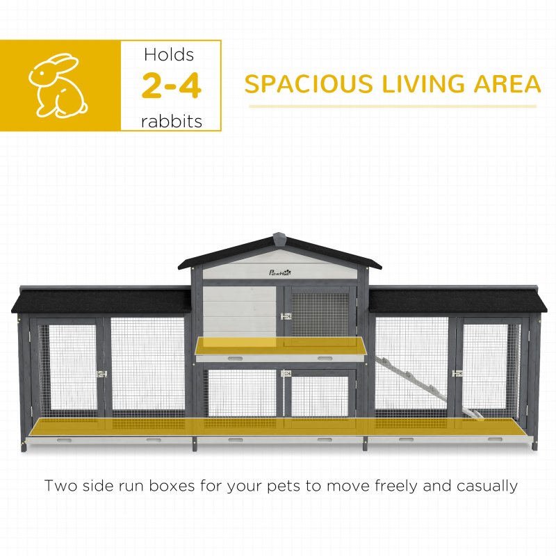 PawHut Large Rabbit Hutch Outdoor, 2-Tier Guinea Pig Hutch, Wooden Bunny Run, Small Animal House with Double Side Run Boxes, No-leak Plastic Tray, Ramp, 230 x 53 x 93.5cm, Light Grey