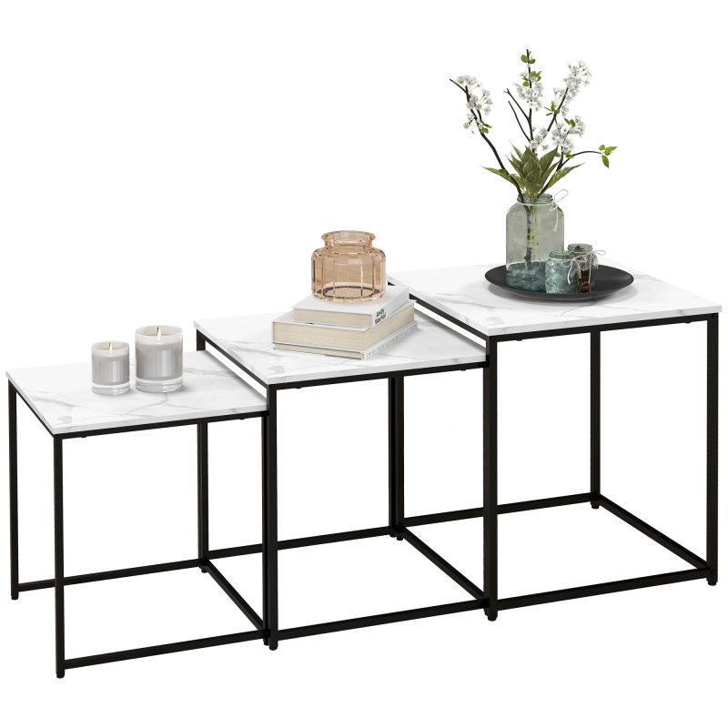 HOMCOM Nesting Tables Set of 3, Side End Table with Faux Marble Effect Top and Steel Legs for Living Room, Bedroom, White
