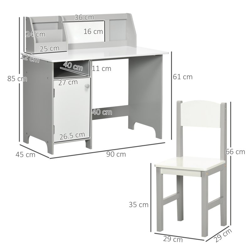HOMCOM Kids Desk And Chair Set 2 PCs Childrens Table And Chair Set Multi Use Toddler Furniture with Whiteboard, Storage - Grey