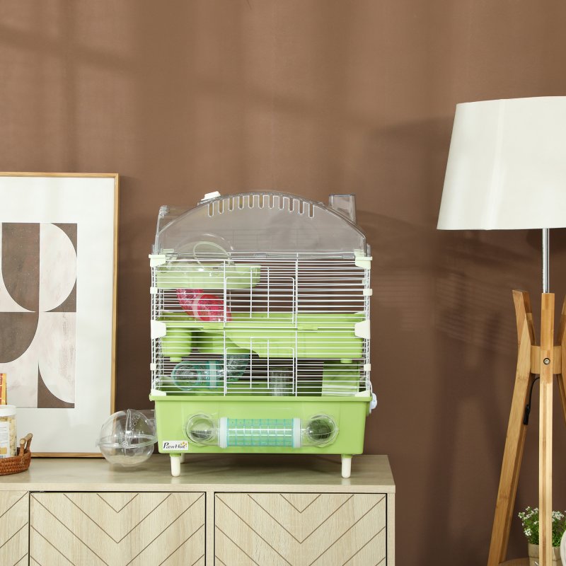 PawHut 3-Tier Hamster Cage, Hamster Habitat with Transparent Top, Sand Bathroom, Exercise Wheel, Hideout Room, Tubes, Small Animal Cage for Dwarf Hamster, 45 x 28 x 60 cm, Green