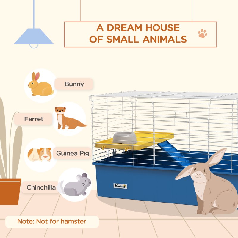 PawHut Guinea Pig Cage Chinchillas Rabbit Small Animal Cage with Ramp, Dish, Water Bottle, 99 x 52 x 53cm, Blue