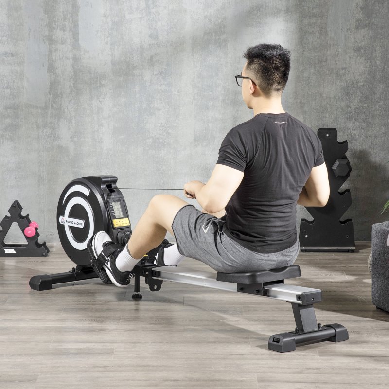 HOMCOM Folding Rowing Machine, 8-Level Magnetic Rower Machine with LCD Monitor, Wheels and Aluminium Railway, for Home Gym Cardio Training
