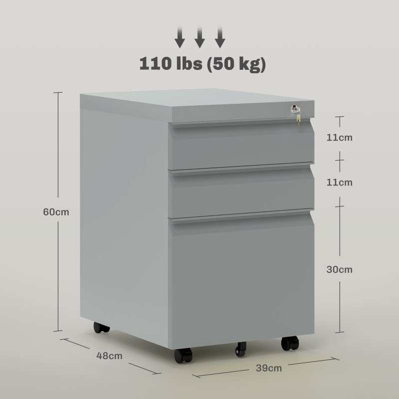 Vinsetto 3-Drawer Filing Cabinet with Lock, Mobile Steel File Cabinet for A4, Legal and Letter Size, Under Desk Drawers with Pre-Assembled Body for Home Office, 39 x 48 x 60 cm, Grey