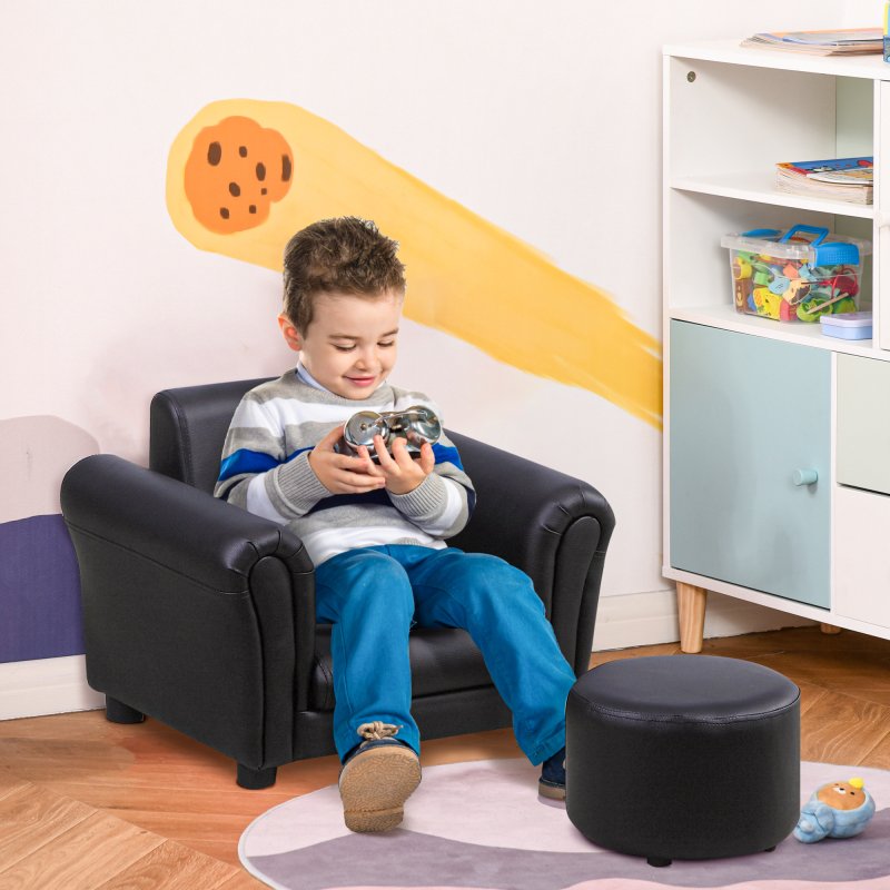 HOMCOM Children's Armchairs Toddler Chair Sofa Single Seater Childrens Armrest w/ Footstool - Black