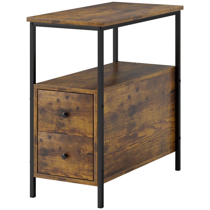 HOMCOM Side Table, Narrow Bedside Table with 2 Drawers and Storage Shelf, Industrial End Table with Metal Frame for Small Spaces