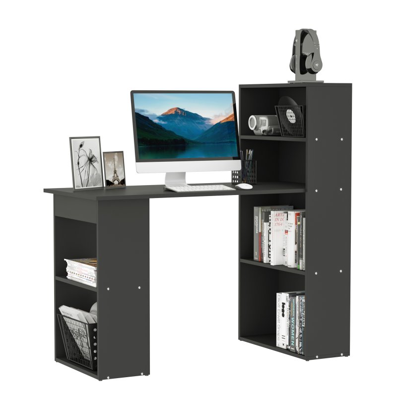 HOMCOM 120cm Computer Desk, Wooden PC Laptop Table with 6-Tier Storage Bookshelves, Home Office Working Study Desk, Writing Workstation, Black