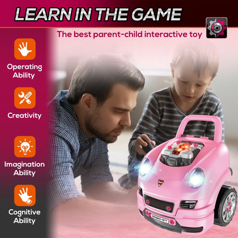 HOMCOM Kids Truck Engine Toy Set Toddler Educational Car Service Station w/ RC Car Key Steering Wheel Horn Light, Mechanic Gifts for Ages 3-5 Years - Pink