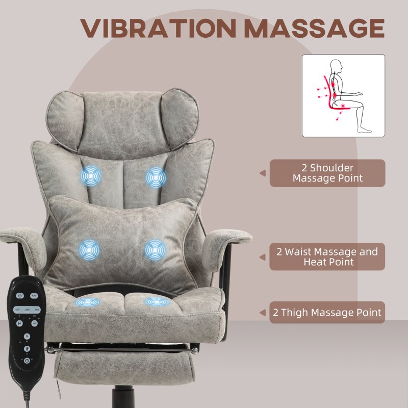 HOMCOM Office Chair with 6 Point Massage and Heat, Ergonomic Desk Chair with Foot Rest, Lumbar Support, Reclining Function and Wide Seat, Height-Adjustable High Back Swivel Rolling for Home, Grey
