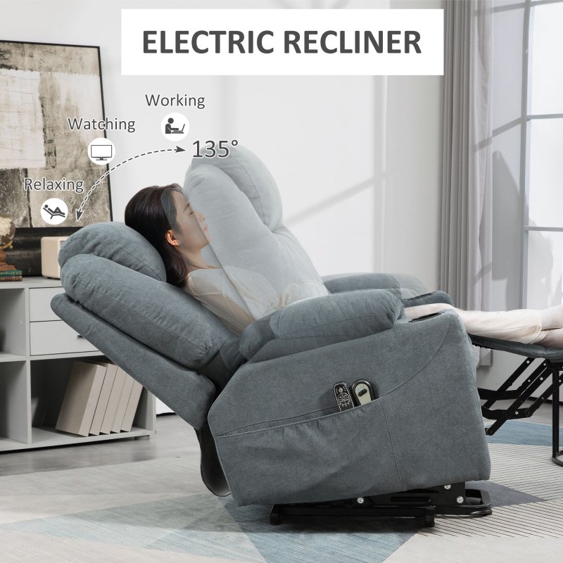 HOMCOM Riser and Recliner Chair for the Elderly, Quick Assembly, Fabric Overstuffed Lift Chair with Vibration Massage and Heat, Remote Control, Side Pockets, Cup Holders, Pocket Spring, Charcoal Grey