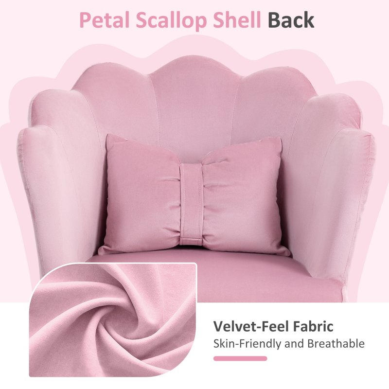 HOMCOM Velvet Office Chair with Petal Shell Back and Lumbar Pillow, Armless Desk Chair with Wide Seat and Tilt Function, Height Adjustable Swivel Makeup Vanity Chair for Bedroom, Pink