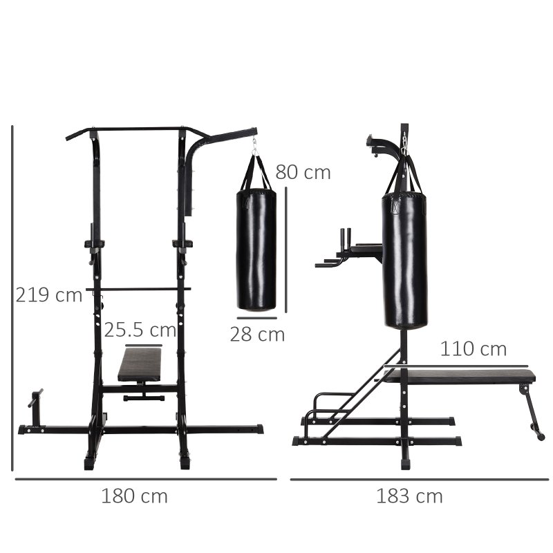 HOMCOM Home Gym Power Tower with Bench and Punching Bag, Multi-Function Adjustable Dip Sit Up Workout Station Equipment Heavy Duty for Home