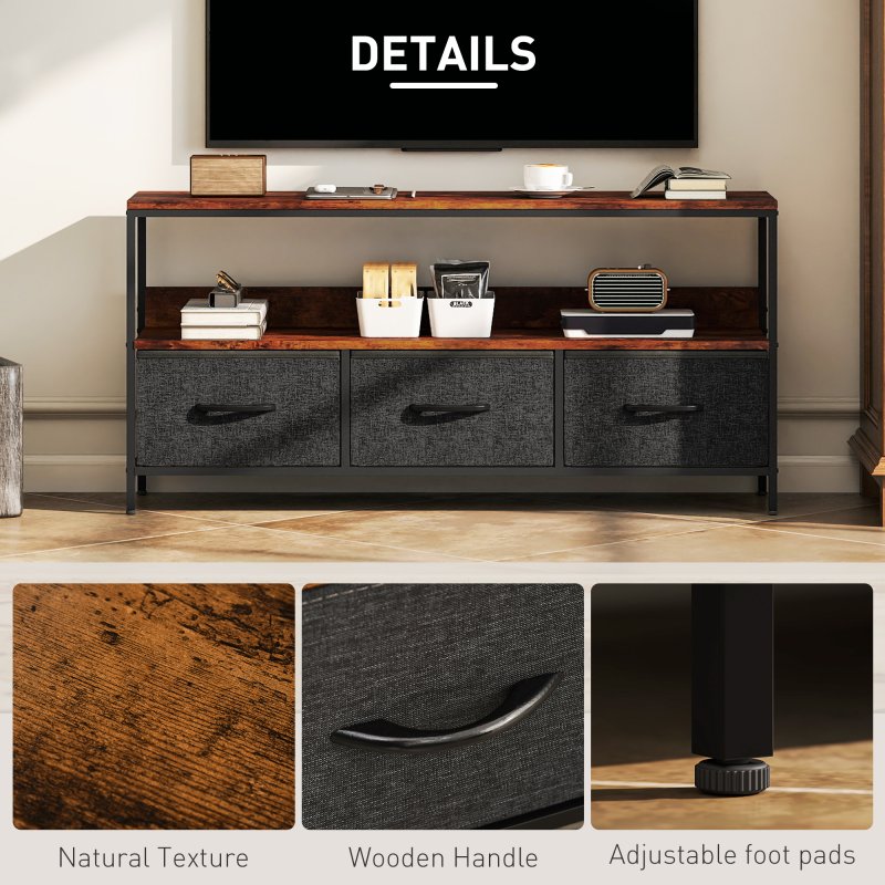 HOMCOM TV Stand Cabinet up to 55-inch, TV Unit with 3 Foldable Linen Drawers, Open Shelf for Living Room, Bedroom, Entertainment Room, Rustic Brown