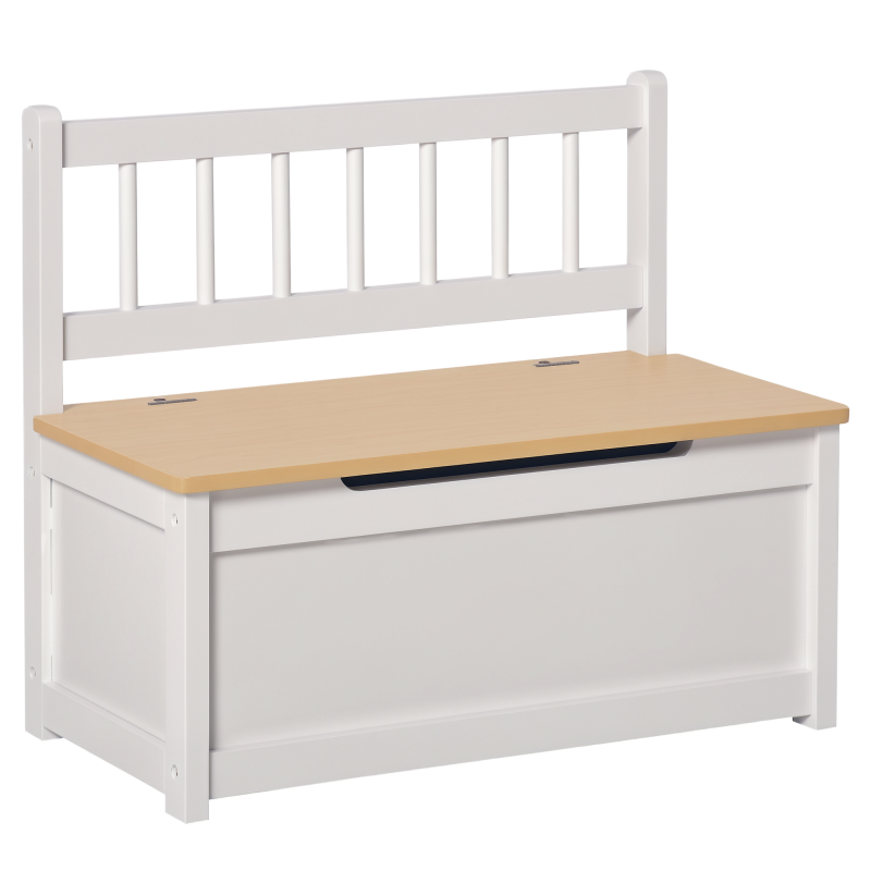 HOMCOM 2 In 1 Wooden Toy Box, Kids Seat Bench Storage Chest Cabinet Organiser w/ Safety Pneumatic Rod, 60 x 30 x 50cm - White