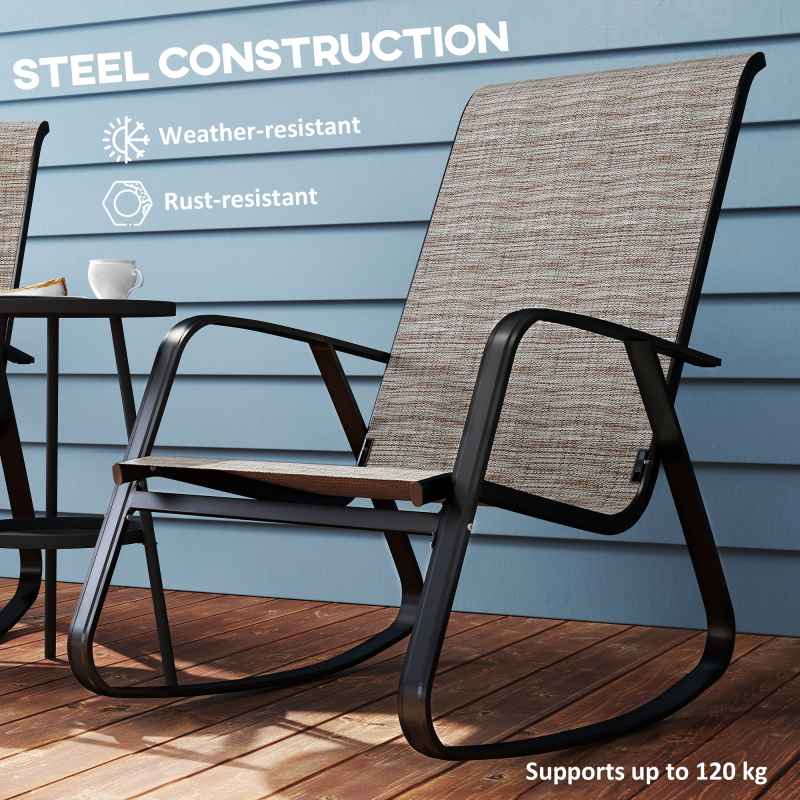 Outsunny Garden Rocking Chair, Ergonomic Outdoor Rocking Chair with Armrests, High Backrest, Steel Frame Relaxing Rocker Armchair Seat for Patio, Balcony, Porch, Light Brown