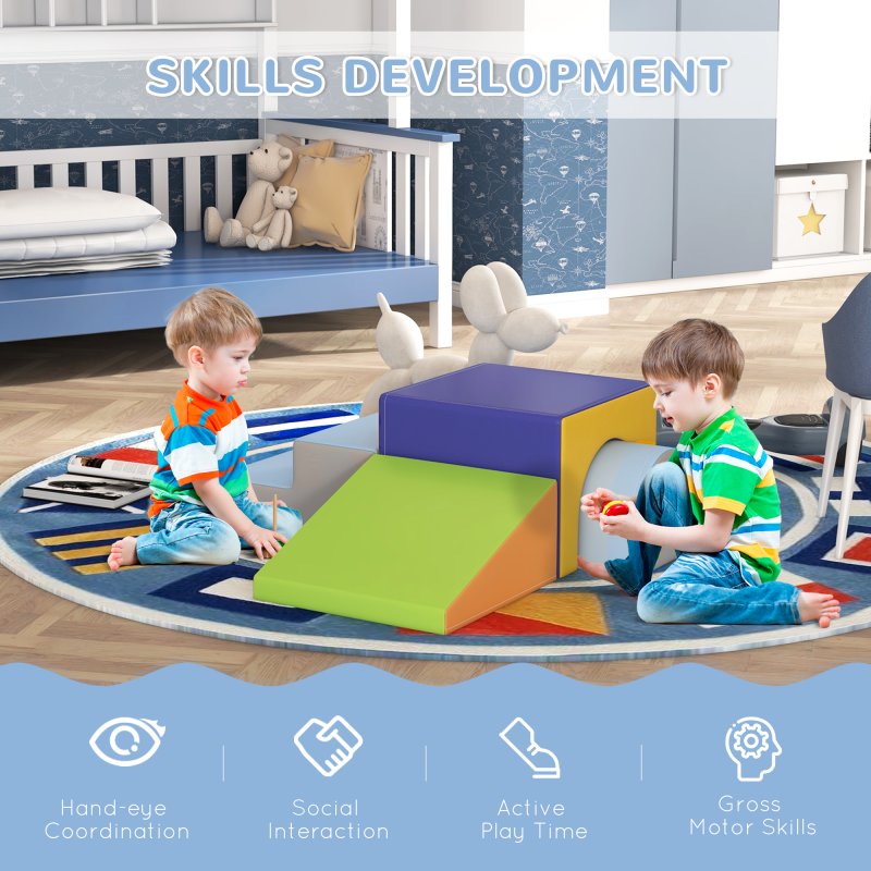 HOMCOM Baby Soft Play Set, 4 Piece Soft Play Equipment for Toddlers 12-36 Months, Climb and Crawl Foam Play, Kids Activity Play Toy, Blue