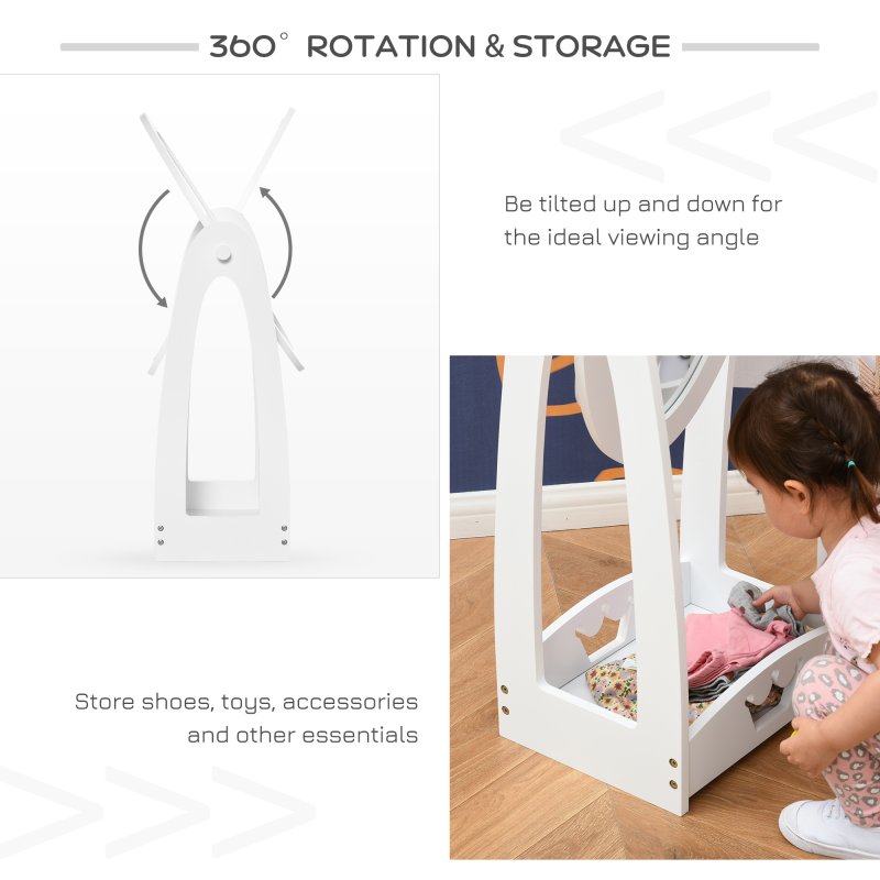 HOMCOM Free Standing Full Length Mirror, Child's Dressing Mirror with storage shelf, Children's White Bedroom Furniture 360?? Rotation MDF, For 3- 8 Years Old, 40L x 30W x 104H cm