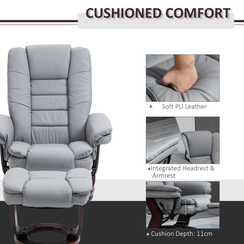 HOMCOM Recliner Chair With footstool, Recliner Armchair up to 130kg Weight Capacity, 135 Reclining Swivel Sofa Chair, PU Leather Ergonomic Couch Bed with Swivel Wood Base for Living Room, Grey