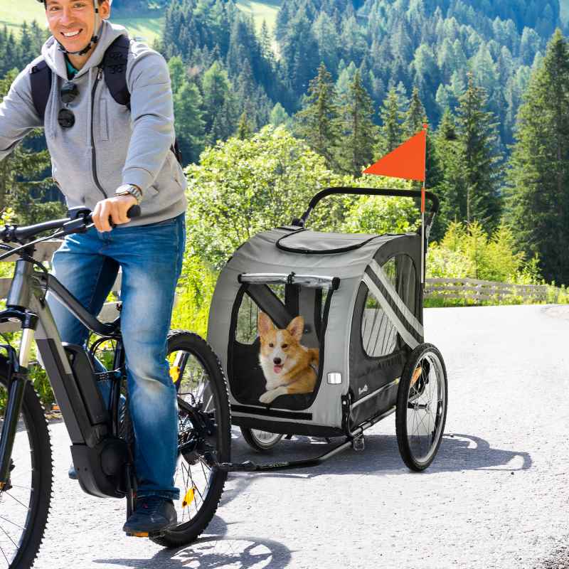 PawHut Dog Bike Trailer, 2 in 1Foldable Pet Stroller with Hitch Coupler, Reflectors, Quick Release Wheels, Flag, for Medium Dogs, Grey