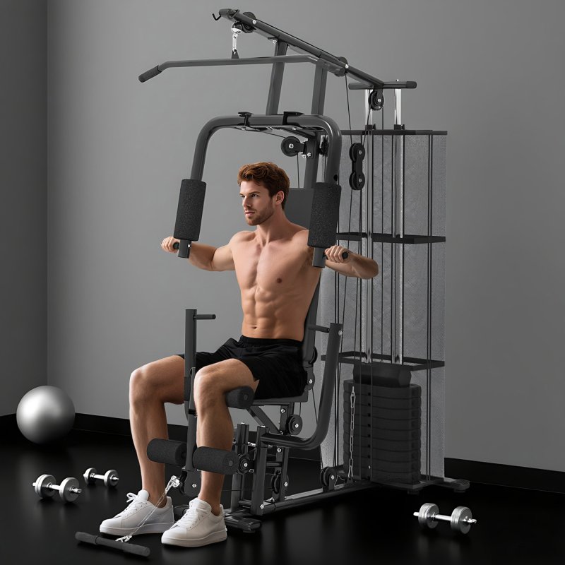 HOMCOM Home Gym Equipment, Multi Gym Workout Station with 45Kg Weight Stack, Chest Station, Butterfly Press & Leg Developer for Strength Training, Black