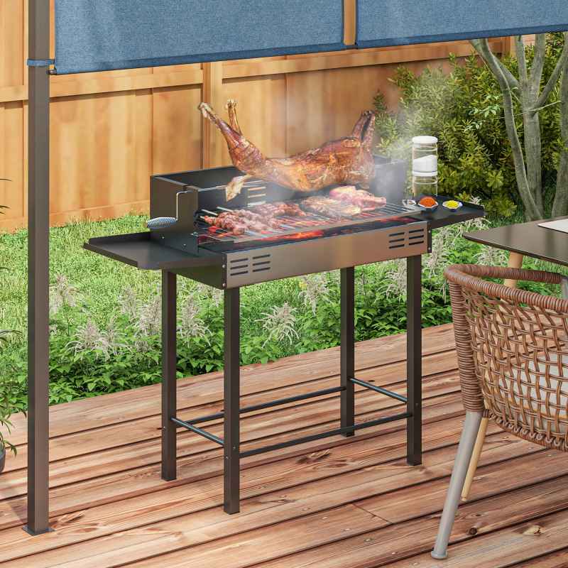 Outsunny BBQ Rotisserie Grill Roaster Charcoal Spit Roasting Machine for Chicken Turkey with 3-Level Grill Grate and Foldable Side Shelves, Stainless Steel