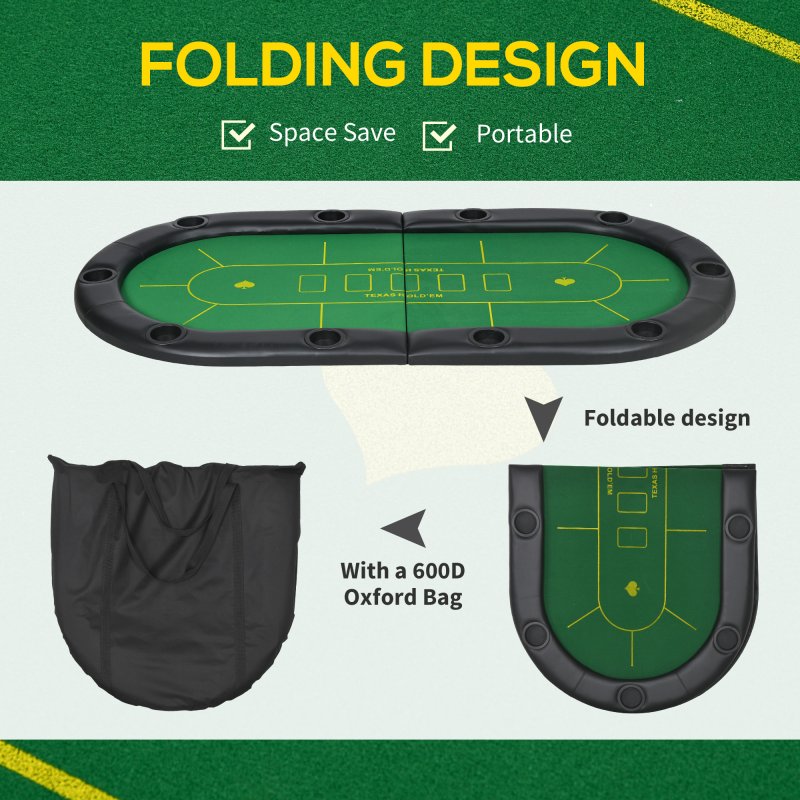 SPORTNOW Foldable Poker Mat for 10 Players, Oval Poker Table Top with Cup Holders, Portable Poker Table Cloth with Carrying Bag, 180 x 90cm - Green