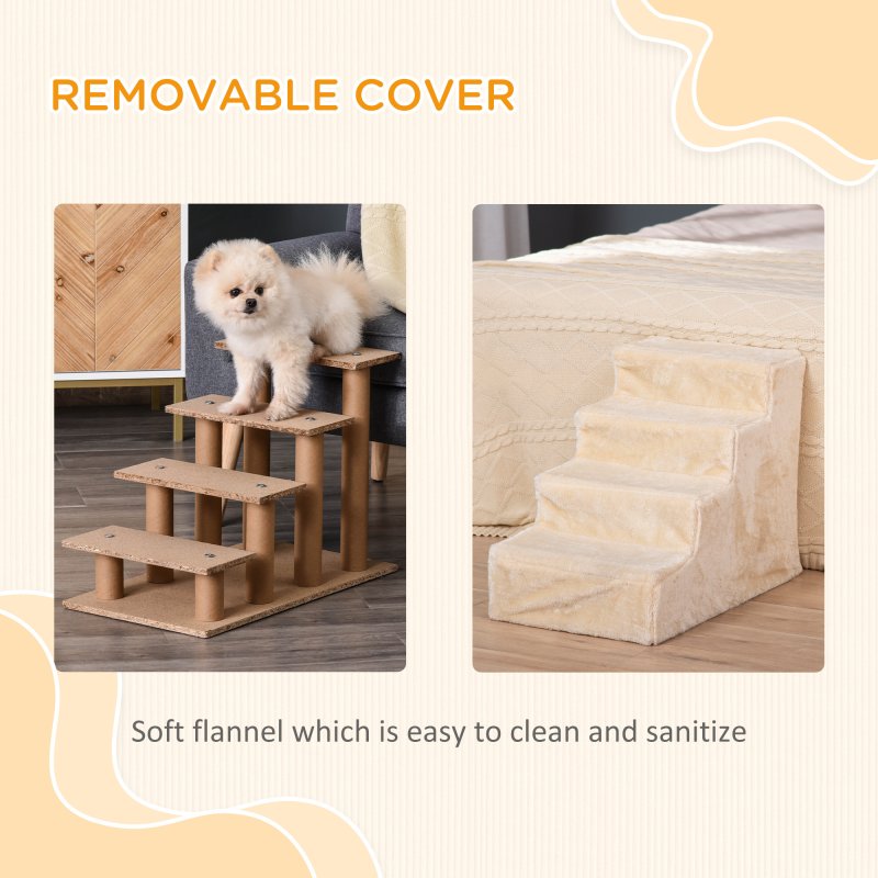 PawHut Dog Steps for Sofa, 4 Steps Dog Stairs, Pet Stairs, with Washable Plush Cover, for Small Breeds, Cats - Beige