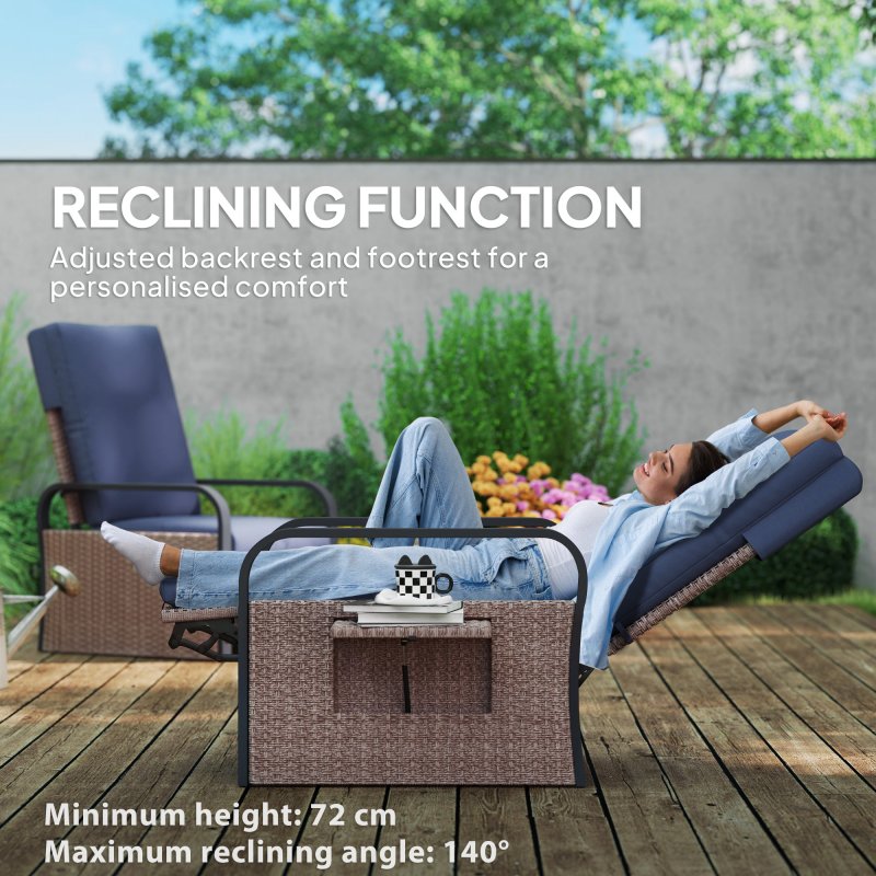 Outsunny Rattan Garden Recliner Chair, Reclining Rattan Chair with Adjustable Backrest and Footrest, Outdoor Lounge Sun Lounger with Cushion, Side Tray and Aluminium Armrests, Brown/Blue