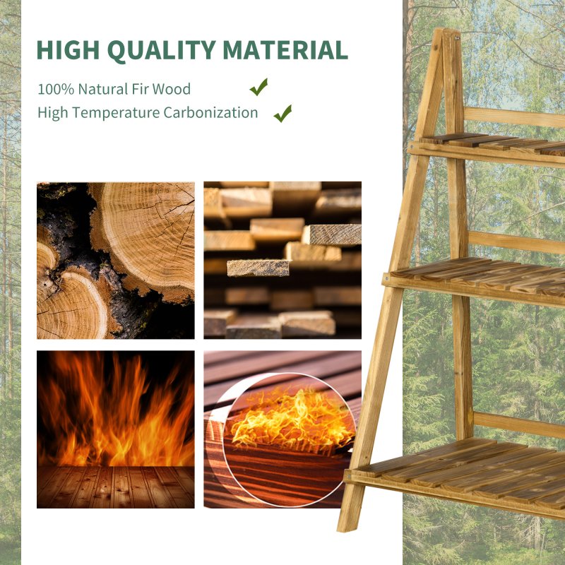 Outsunny Wooden Folding Flower Pot Stand 3 Tier Garden Planter Display Ladder Gardener Storage Shelves Rack Herb Holder (80L x 37W x 93H cm)
