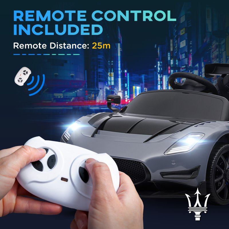 AIYAPLAY Maserati GT2 Licensed 12V Electric Car for Kids, Kids' Electric Ride on with Suspension System, Remote Control, USB, Music, Horn, Lights, Auxiliary Wheels, for Ages 3-5 Years, Grey