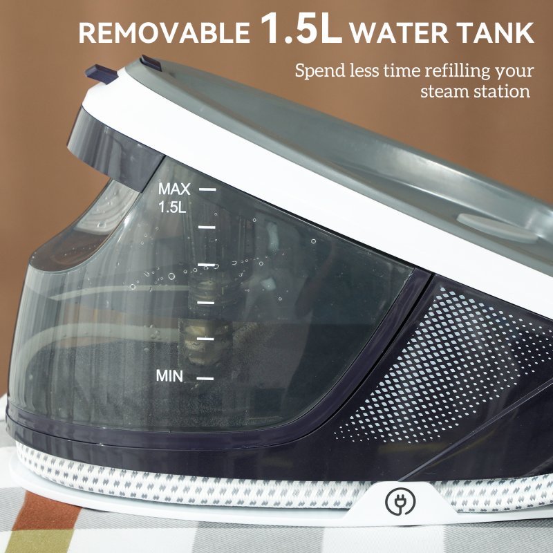 HOMCOM Steam Generator Iron with ECO Mode, Self-Cleaning, Powerful Vertical Steam, Automatic Shut-Off, Ceramic Non-stick Soleplate, Large 1.5L Detachable Water Tank, 8 Bar, 2600W, Blue