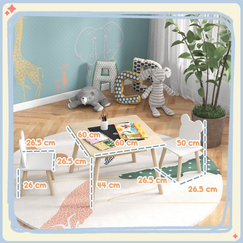 AIYAPLAY 3-Piece Kids Table and Chairs Set, Toddler Table and Chair Set with Bear-Shaped Backrest, Convertible Desk, Storage Grid for Nursery, Classroom, Playroom, Natural Wood