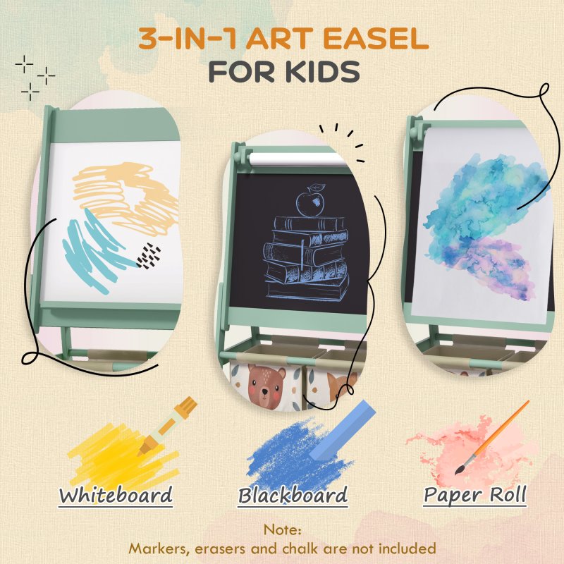 AIYAPLAY Kids Easel with Paper Roll, 3 in 1 Art Easel for Children, with Blackboard, Whiteboard, Storage Baskets, Green