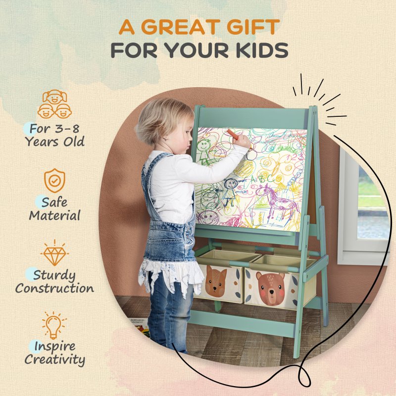 AIYAPLAY Kids Easel with Paper Roll, 3 in 1 Art Easel for Children, with Blackboard, Whiteboard, Storage Baskets, Green