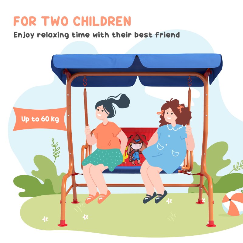 Outsunny 2 Seat Kids Swing Chair with Adjustable Canopy, Cowboy Themed Double Kids Garden Swing Bench with Safety Belts for Patio Park Porch, for Ages 3-6 Years - Red and Blue